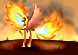 Size: 1024x726 | Tagged: safe, artist:princessfaeron, imported from derpibooru, nightmare star, princess celestia, alicorn, pony, female, mane of fire, raised hoof, solo, tail, tail of fire