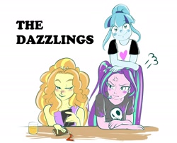 Size: 2100x1700 | Tagged: safe, artist:amazingpuffhair, imported from derpibooru, adagio dazzle, aria blaze, sonata dusk, equestria girls, blushing, clothes, cross-popping veins, cute, female, looking at you, notebook, simple background, smiling, the dazzlings, trio, white background