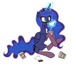 Size: 600x520 | Tagged: safe, artist:stickycrop, imported from derpibooru, princess luna, alicorn, pony, clothes, coffee, cup, female, food, luna found the coffee, magic, mare, mug, simple background, socks, solo, telekinesis, transparent background, watermark, wide eyes