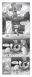 Size: 665x1592 | Tagged: safe, artist:charcoal pony, artist:pencils, edit, imported from derpibooru, spike, twilight sparkle, alicorn, pony, comic:anon's pie adventure, comic, comic sans, female, funny, humor, mare, monochrome, rock farm, twilight sparkle (alicorn), twilight's castle