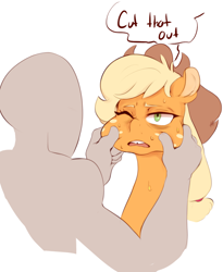 Size: 892x1090 | Tagged: safe, artist:sundown, imported from derpibooru, applejack, earth pony, human, pony, cheek pinch, dialogue, female, freckles, hat, mare, open mouth, simple background, speech bubble, squishy cheeks, sweat, white background