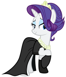 Size: 2600x3000 | Tagged: safe, artist:cheezedoodle96, imported from derpibooru, rarity, pony, the gift of the maud pie, .svg available, alternate hairstyle, audrey hepburn, bedroom eyes, black dress, breakfast at tiffany's, clothes, dress, evening gloves, female, gloves, gown, holly golightly, little black dress, mare, necklace, pearl necklace, simple background, smiling, solo, svg, tiara, transparent background, vector