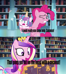 Size: 1280x1440 | Tagged: safe, edit, edited screencap, imported from derpibooru, screencap, pinkie pie, princess cadance, princess flurry heart, alicorn, earth pony, pony, season 6, the crystalling, cadance is a goddamn moron, caption, female, filly, image macro, mare, meme, rock-a-bye bivalve, spongebob squarepants, text, text edit