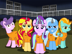 Size: 3000x2250 | Tagged: safe, artist:spellboundcanvas, imported from derpibooru, lightning dust, starlight glimmer, sunset shimmer, suri polomare, trixie, pony, unicorn, clothes, counterparts, female, grin, horn cap, magic suppression, orange is the new black, prison, prison outfit, prisoner, prisoner sg, prisoner tx, psycho