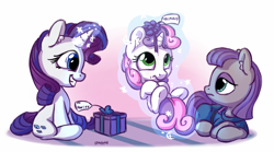 Size: 1800x1000 | Tagged: safe, artist:bobdude0, imported from derpibooru, maud pie, rarity, sweetie belle, earth pony, pony, unicorn, the gift of the maud pie, clothes, cute, diasweetes, female, filly, magic, mare, maudabetes, present, raribetes, sisters, smiling