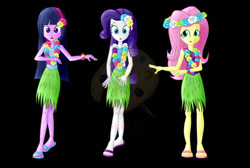 Size: 1024x690 | Tagged: safe, artist:dieart77, artist:julieaignerclarkfan, color edit, edit, imported from derpibooru, fluttershy, rarity, twilight sparkle, equestria girls, black background, clothes, colored, feet, flower, flower in hair, grass skirt, hawaiian flower in hair, hula, hula dance, hulalight, hularity, hulashy, hypnosis, lei, sandals, simple background, skirt, watermark