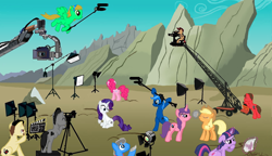 Size: 1996x1153 | Tagged: safe, artist:oinktweetstudios, imported from derpibooru, applejack, pinkie pie, rarity, twilight sparkle, oc, alicorn, pony, alternate cutie mark, animated actors, behind the scenes, camera, clapperboard, dolly camera, equal cutie mark, female, focus, mare, twilight sparkle (alicorn)