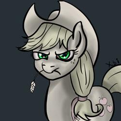 Size: 1000x1000 | Tagged: safe, artist:xbi, imported from derpibooru, applejack, pony, applejack is not amused, discorded, female, frown, looking at you, simple background, solo