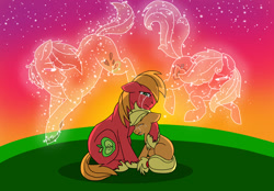 Size: 700x488 | Tagged: safe, artist:colourstrike, imported from derpibooru, applejack, big macintosh, earth pony, pony, applejack's parents, crying, floppy ears, hug, male, sitting, stallion, stars, twilight (astronomy)