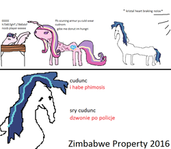 Size: 828x720 | Tagged: safe, imported from derpibooru, princess cadance, princess flurry heart, shining armor, the crystalling, calibri, comic, dolan, phimosis, stylistic suck, zimbabwe