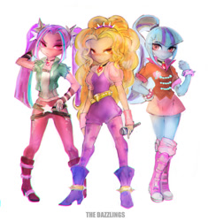 Size: 1877x2000 | Tagged: safe, artist:girlsay, imported from derpibooru, adagio dazzle, aria blaze, sonata dusk, equestria girls, arm behind head, boots, choker, clothes, jacket, jewelry, microphone, miniskirt, necklace, pants, pendant, pigtails, ponytail, sassy, shorts, simple background, skirt, the dazzlings, twintails, wristband