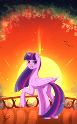 Size: 1200x1920 | Tagged: safe, artist:joe0316, artist:laptop-pone, imported from derpibooru, twilight sparkle, alicorn, pony, balcony, female, looking at you, looking back, mare, raised hoof, solo, sunset, twilight sparkle (alicorn)