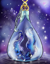 Size: 1024x1325 | Tagged: safe, artist:animechristy, imported from derpibooru, princess luna, eyes closed, female, pony in a bottle, prone, sleeping, solo, space, stars