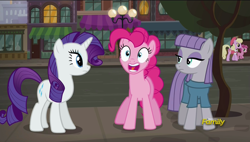 Size: 1920x1088 | Tagged: safe, imported from derpibooru, screencap, luckette, maud pie, pinkie pie, rarity, ruby pinch, the gift of the maud pie, discovery family logo, open mouth