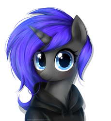 Size: 1100x1200 | Tagged: safe, artist:0biter, imported from derpibooru, oc, oc only, oc:cobalt, pony, unicorn, bust, clothes, hoodie, looking at you, simple background, smiling, solo