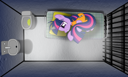 Size: 3000x1829 | Tagged: safe, artist:spellboundcanvas, imported from derpibooru, twilight sparkle, bad end, clothes, exploitable meme, horn cap, image macro, insane twilight, insanity, magic suppression, meme, prison, prison outfit, prisoner, prisoner ts, psycho, schizophrenia, solo, twilight snapple