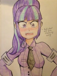 Size: 2448x3264 | Tagged: safe, artist:rainicornarts, imported from derpibooru, starlight glimmer, equestria girls, blushing, breasts, busty starlight glimmer, clothes, equestria girls-ified, female, human coloration, humanized, solo, traditional art