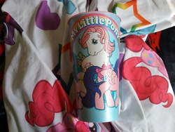 Size: 2592x1944 | Tagged: artist needed, source needed, safe, imported from derpibooru, firefly, pinkie pie, sundance, twilight sparkle, bedsheets, cup, g1, merchandise