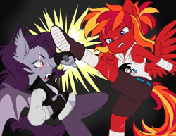 Size: 1024x792 | Tagged: safe, artist:catnip1996, imported from derpibooru, oc, oc only, oc:fire strike, oc:knightfall, anthro, bat pony, pegasus, plantigrade anthro, fight, kick, kunai, scar, tape