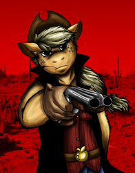 Size: 2040x2596 | Tagged: safe, artist:kukotte, imported from derpibooru, applejack, anthro, crossover, female, gun, red dead redemption, shotgun, solo, weapon