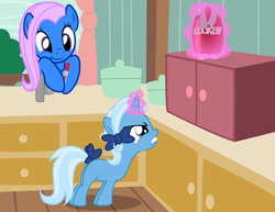 Size: 3300x2550 | Tagged: safe, artist:badumsquish, derpibooru exclusive, imported from derpibooru, trixie, oc, earth pony, pony, :t, badumsquish is trying to murder us, bow, cookie, cookie jar, cute, diatrixes, duct tape, duo, female, filly, food, frown, glare, gritted teeth, hair bow, hoof hold, kitchen, krazy glue, leaning, lego, levitation, magic, mother, mother and daughter, smiling, smirk, straining, super glue, tail bow, telekinesis, the kragle, the lego movie, window, younger