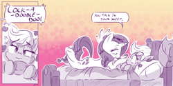 Size: 4000x2000 | Tagged: safe, artist:dilarus, deleted from derpibooru, imported from derpibooru, applejack, rarity, meet-the-pones, comic, female, lesbian, not creepy, one sided shipping, rarijack, shipping, waking up