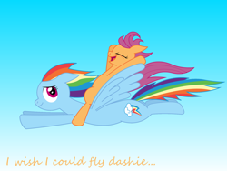 Size: 1024x768 | Tagged: safe, artist:laserbiskit, imported from derpibooru, rainbow dash, scootaloo, excited, eyes closed, floppy ears, flying, gradient background, looking back, open mouth, ponies riding ponies, riding, scootaloo riding rainbow dash, scootalove, smiling, spread wings