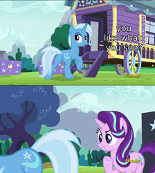 Size: 1274x1420 | Tagged: safe, edit, imported from derpibooru, screencap, starlight glimmer, trixie, pony, unicorn, no second prances, butt, caption, caravan, discovery family logo, eyes on the prize, female, lesbian, looking at butt, mare, out of context, plot, shipping, startrix, text, trixie's wagon, wagon