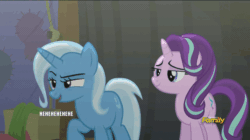 Size: 858x482 | Tagged: safe, edit, edited screencap, imported from derpibooru, screencap, starlight glimmer, trixie, pony, unicorn, no second prances, animated, caption, discovery family logo, female, gif, image macro, laughing, mare, meme, reaction image, smiling, text