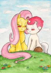 Size: 1632x2336 | Tagged: safe, artist:souleatersaku90, imported from derpibooru, fluttershy, colt, colt cuddler, crossover, crossover shipping, female, male, mare, shipping, straight, traditional art, unico, watercolor painting