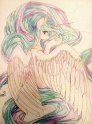 Size: 783x1054 | Tagged: safe, artist:eiirine, artist:glastalinka, imported from derpibooru, princess celestia, female, looking back, rear view, simple background, solo, spread wings, traditional art