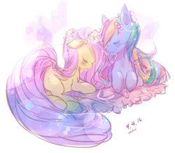Size: 1000x874 | Tagged: safe, artist:odaefnyo, imported from derpibooru, fluttershy, rainbow dash, blushing, eyes closed, female, floppy ears, floral head wreath, flutterdash, lesbian, prone, shipping, snuggling