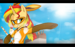 Size: 2265x1419 | Tagged: safe, artist:nataliaokita1, imported from derpibooru, sunset shimmer, fox, pony, unicorn, equestria girls, animal ears, clothes, costume, crossover, domino mask, female, flute, lila, lila rossi, mask, miraculous ladybug, musical instrument, solo, volpina