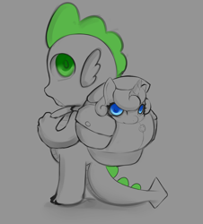 Size: 1000x1104 | Tagged: safe, artist:jakashi, imported from derpibooru, princess flurry heart, spike, backpack, sketch