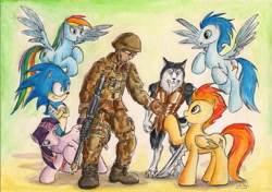 Size: 2312x1629 | Tagged: safe, artist:souleatersaku90, imported from derpibooru, rainbow dash, soarin', spitfire, twilight sparkle, oc, oc:fox trot, anthro, human, pony, anthro with ponies, commission, crossover, self insert, soldier, sonic the hedgehog, sonic the hedgehog (series), traditional art, watercolor painting