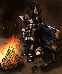 Size: 3280x3928 | Tagged: safe, artist:curtisspl, imported from derpibooru, zebra, bandage, belt, clothes, fireplace, injured, scarf, wood