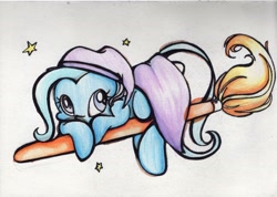 Size: 2792x1991 | Tagged: safe, artist:cutepencilcase, imported from derpibooru, trixie, pony, unicorn, broom, cute, diatrixes, female, flying, flying broomstick, looking back, mare, solo, stars, traditional art
