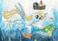Size: 2317x1632 | Tagged: safe, artist:souleatersaku90, imported from derpibooru, oc, oc only, oc:blue drop, oc:emerald glitter, oc:flameheart, oc:jade canary, fish, merpony, raft, seaweed, swimming, traditional art, underwater, watercolor painting