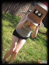 Size: 3456x4608 | Tagged: safe, artist:krazykari, imported from derpibooru, derpy hooves, human, box, cardboard box, clothes, cosplay, costume, gameloft, irl, irl human, patreon, patreon logo, photo, pony in a box, sexy