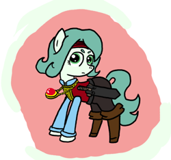 Size: 640x600 | Tagged: safe, alternate version, artist:ficficponyfic, imported from derpibooru, oc, oc only, oc:emerald jewel, earth pony, pony, colt quest, adult, alternate clothes, alternate costumes, alternate hairstyle, alternate timeline, alternate universe, amulet, boots, clothes, determined, future, headband, male, pants, possible spoilers, preview, serious, shirt, stallion, sword, vest, warrior, weapon