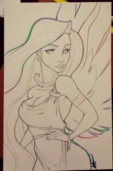 Size: 852x1280 | Tagged: safe, artist:bmxshark, artist:nicole gauss, imported from derpibooru, princess celestia, human, breasts, cleavage, female, humanized, solo, traditional art, winged humanization