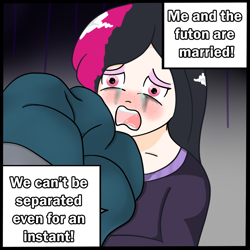 Size: 1000x1000 | Tagged: safe, artist:lazerblues, imported from derpibooru, oc, oc only, oc:hiki, satyr, crying, female, futon, offspring, parent:oc:miss eri