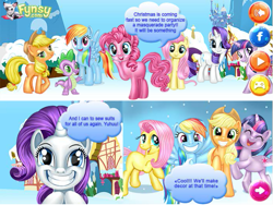 Size: 701x527 | Tagged: artist needed, safe, imported from derpibooru, applejack, fluttershy, pinkie pie, rainbow dash, rarity, spike, twilight sparkle, earth pony, pony, unicorn, arrow, bedroom eyes, button, christmas, comic, console, dialogue, earth pony fluttershy, engrish, exclamation point, eyes closed, facebook, flash game, fynsy, game, guillemet, mane seven, mane six, missing cutie mark, race swap, snow, species swap, speech bubble