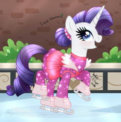 Size: 1020x1030 | Tagged: safe, artist:joakaha, imported from derpibooru, rarity, the gift of the maud pie, 2016, alternate hairstyle, clothes, dress, fabulous, female, ice, ice rink, ice skates, ice skating, manehattan, open mouth, scene interpretation, signature, solo