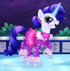 Size: 1020x1030 | Tagged: safe, artist:joakaha, imported from derpibooru, rarity, the gift of the maud pie, 2016, alternate hairstyle, clothes, dress, female, glowing horn, ice, ice rink, ice skates, ice skating, manehattan, night, open mouth, scene interpretation, signature, solo, sparkling
