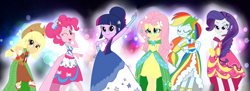 Size: 1600x583 | Tagged: safe, artist:haruliina, imported from derpibooru, applejack, fluttershy, pinkie pie, rainbow dash, rarity, twilight sparkle, equestria girls, the best night ever, clothes, dress, equestria girls-ified, gala dress, grand galloping gala, humane five, humane six, mane six, sparkles
