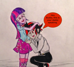 Size: 2625x2376 | Tagged: safe, artist:bravokrofski, imported from derpibooru, twilight sparkle, equestria girls, commission, crossover, crossover shipping, equestria girls-ified, female, male, pregnant, pregnant equestria girls, shadow the hedgehog, shadtwi, shipping, sonic the hedgehog (series), speech bubble, straight, text, traditional art