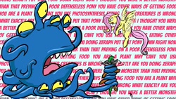 Size: 3840x2160 | Tagged: safe, artist:snapai, imported from derpibooru, fluttershy, oc, oc:roughneck, oc:zeraph, earth pony, pegasus, pony, coiling, coils, final fantasy, final fantasy tactics advance, knife, lecture, malboro, monster, squeeze, suffocating, surprised, tentacles, text, wall of text, wrapped up