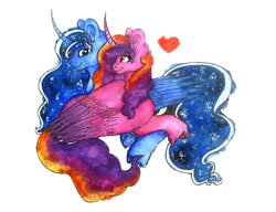Size: 604x463 | Tagged: safe, artist:skior, imported from derpibooru, princess cadance, princess luna, pony, female, infidelity, lesbian, lundance, prone, shipping, simple background, traditional art, unshorn fetlocks