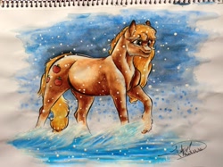 Size: 4316x3234 | Tagged: safe, artist:artmadebyred, imported from derpibooru, applejack, chest fluff, female, fluffy, snow, snowfall, solo, traditional art, watercolor painting